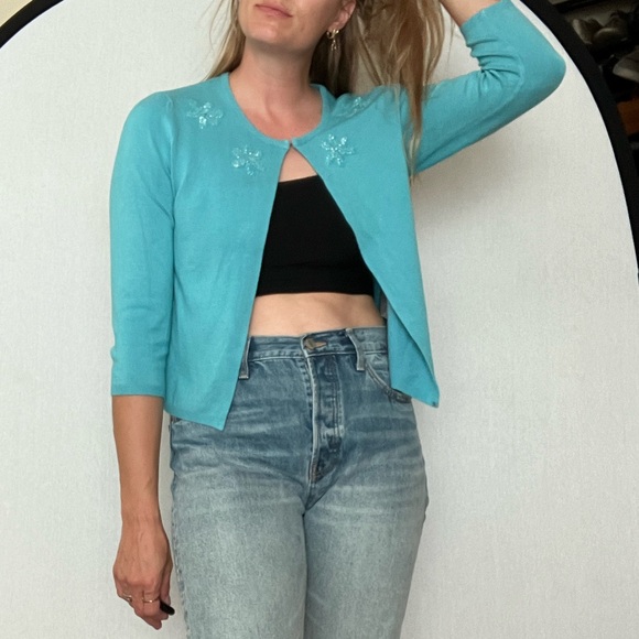 🍄Cleo blue 3/4 sleeve 90’s cardigan (M) - Picture 1 of 9